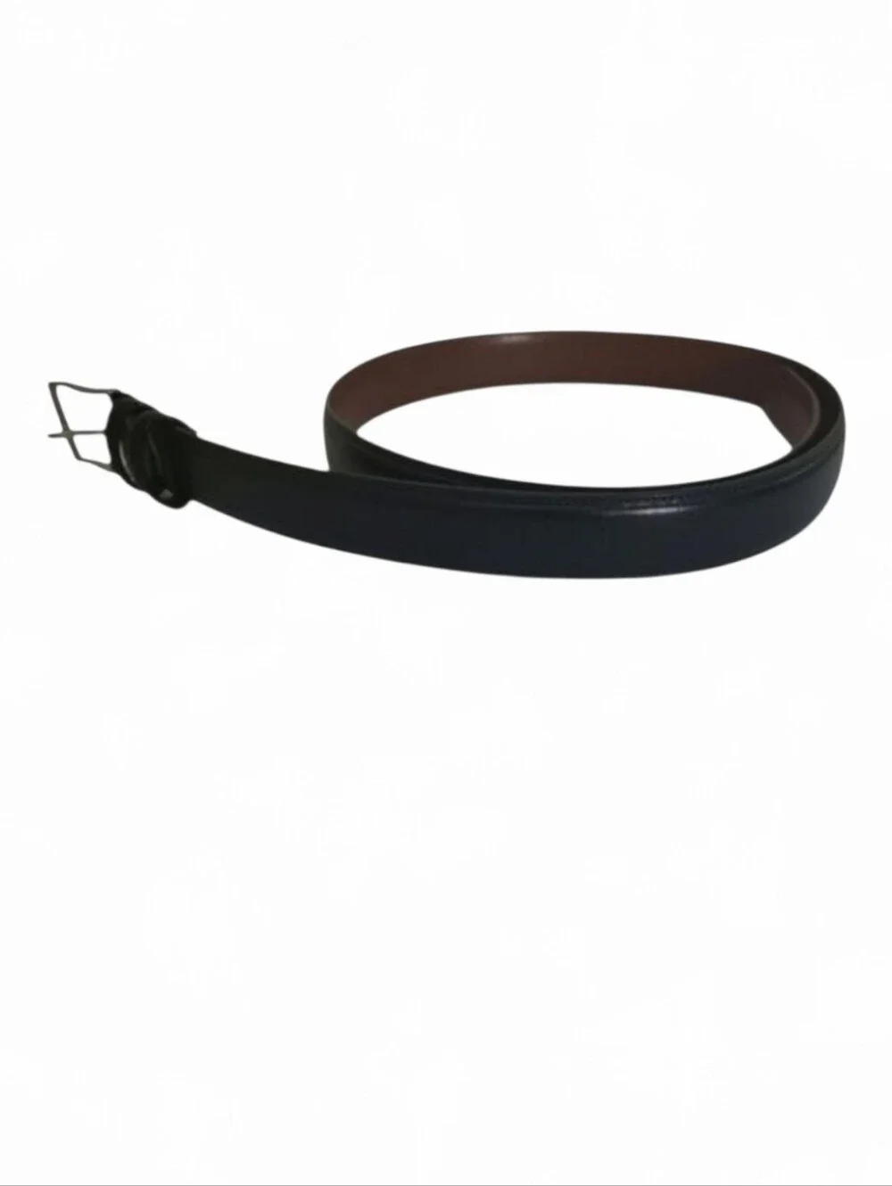 Perry Ellis Black Leather Belt Silvertone Buckle Size 36 90